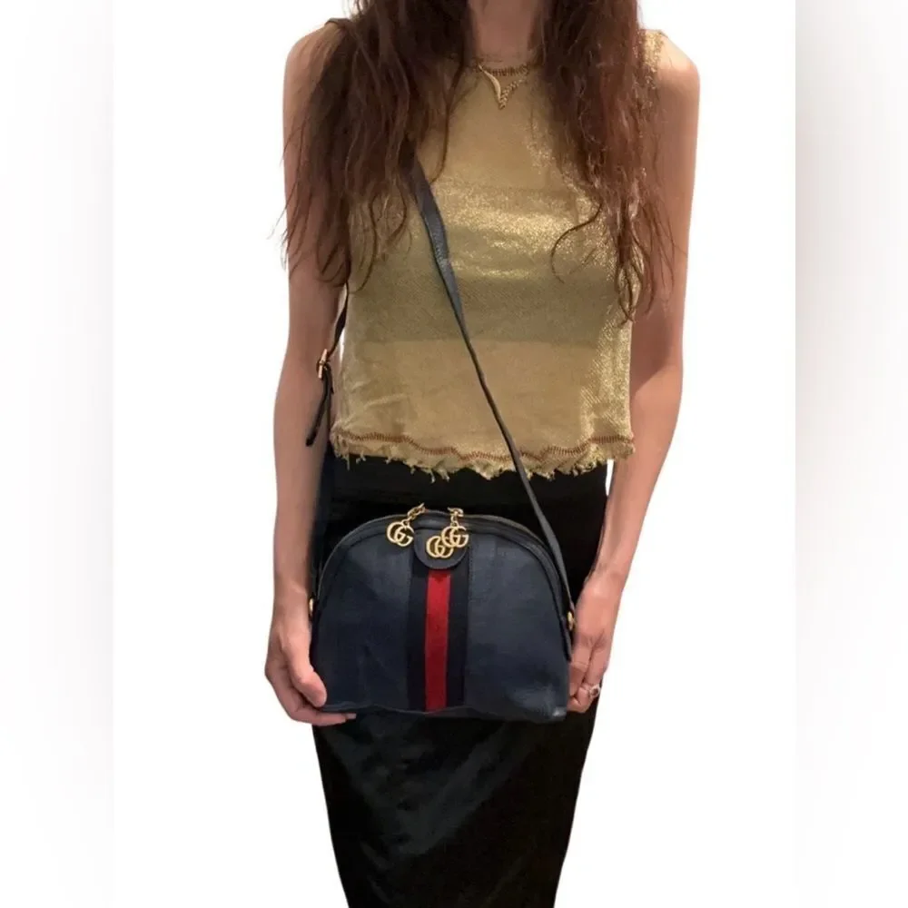 Gucci Navy Blue Leather Ophidia Dome Bag with Red Stripe